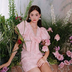 Flowering Girl Women Pearl Diamond Decorated Bubble Sleeve Jacquard Embroidery Dress