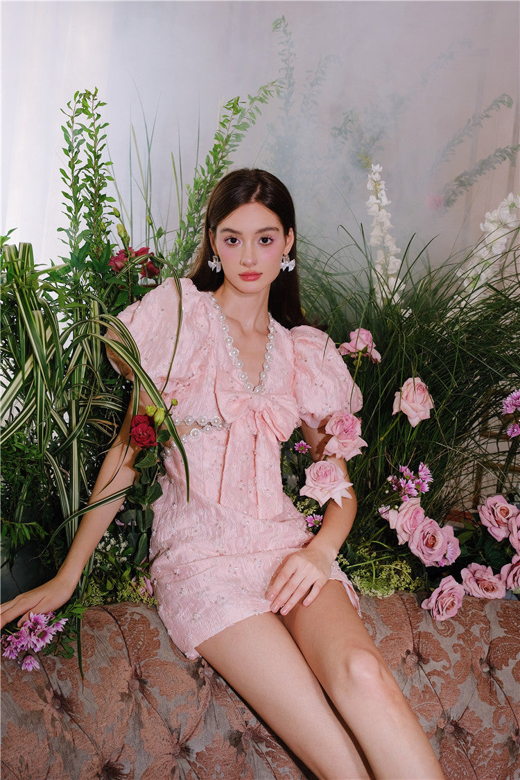 Flowering Girl Women Pearl Diamond Decorated Bubble Sleeve Jacquard Embroidery Dress