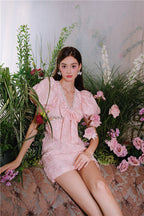 Flowering Girl Women Pearl Diamond Decorated Bubble Sleeve Jacquard Embroidery Dress