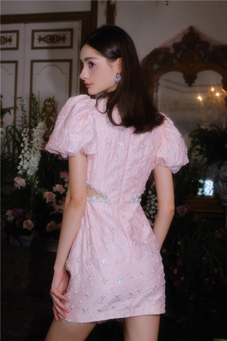 Flowering Girl Women Pearl Diamond Decorated Bubble Sleeve Jacquard Embroidery Dress