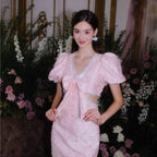 Flowering Girl Women Pearl Diamond Decorated Bubble Sleeve Jacquard Embroidery Dress