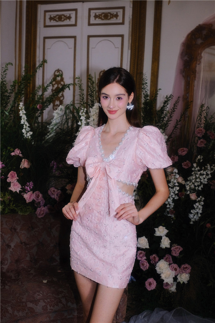 Flowering Girl Women Pearl Diamond Decorated Bubble Sleeve Jacquard Embroidery Dress