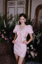 Flowering Girl Women Pearl Diamond Decorated Bubble Sleeve Jacquard Embroidery Dress