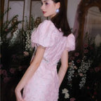 Flowering Girl Women Pearl Diamond Decorated Bubble Sleeve Jacquard Embroidery Dress