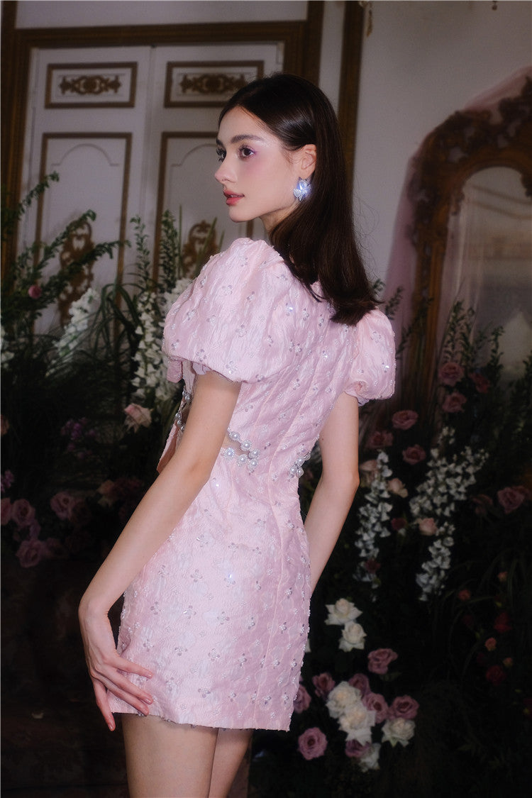 Flowering Girl Women Pearl Diamond Decorated Bubble Sleeve Jacquard Embroidery Dress