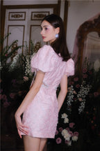 Flowering Girl Women Pearl Diamond Decorated Bubble Sleeve Jacquard Embroidery Dress