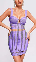 Flowering Girl Women CRYSTAL TASSEL BANDAGE MINI DRESS IN PURPLE