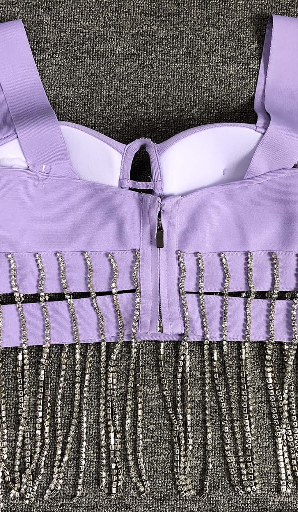 Flowering Girl Women CRYSTAL TASSEL BANDAGE MINI DRESS IN PURPLE