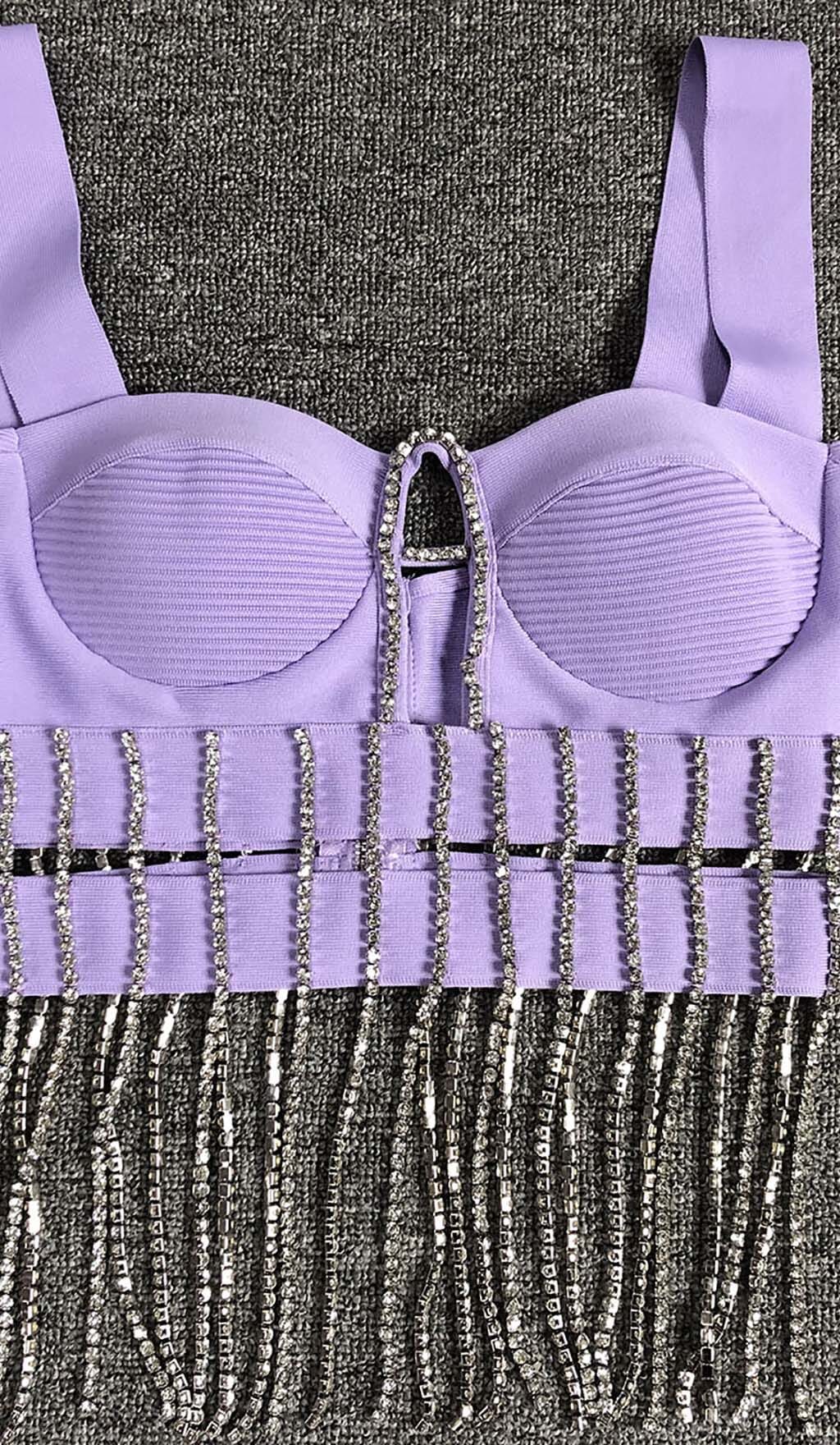 Flowering Girl Women CRYSTAL TASSEL BANDAGE MINI DRESS IN PURPLE