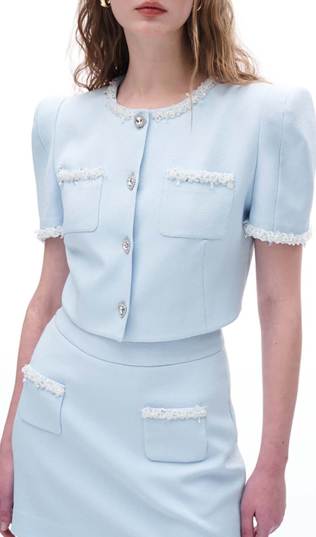 Flowering Girl Women Crystal Trim Two Piece Set In Sky Blue