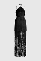 Flowering Girl Women Doly Halter Fringed Maxi Bandage Dress - Black