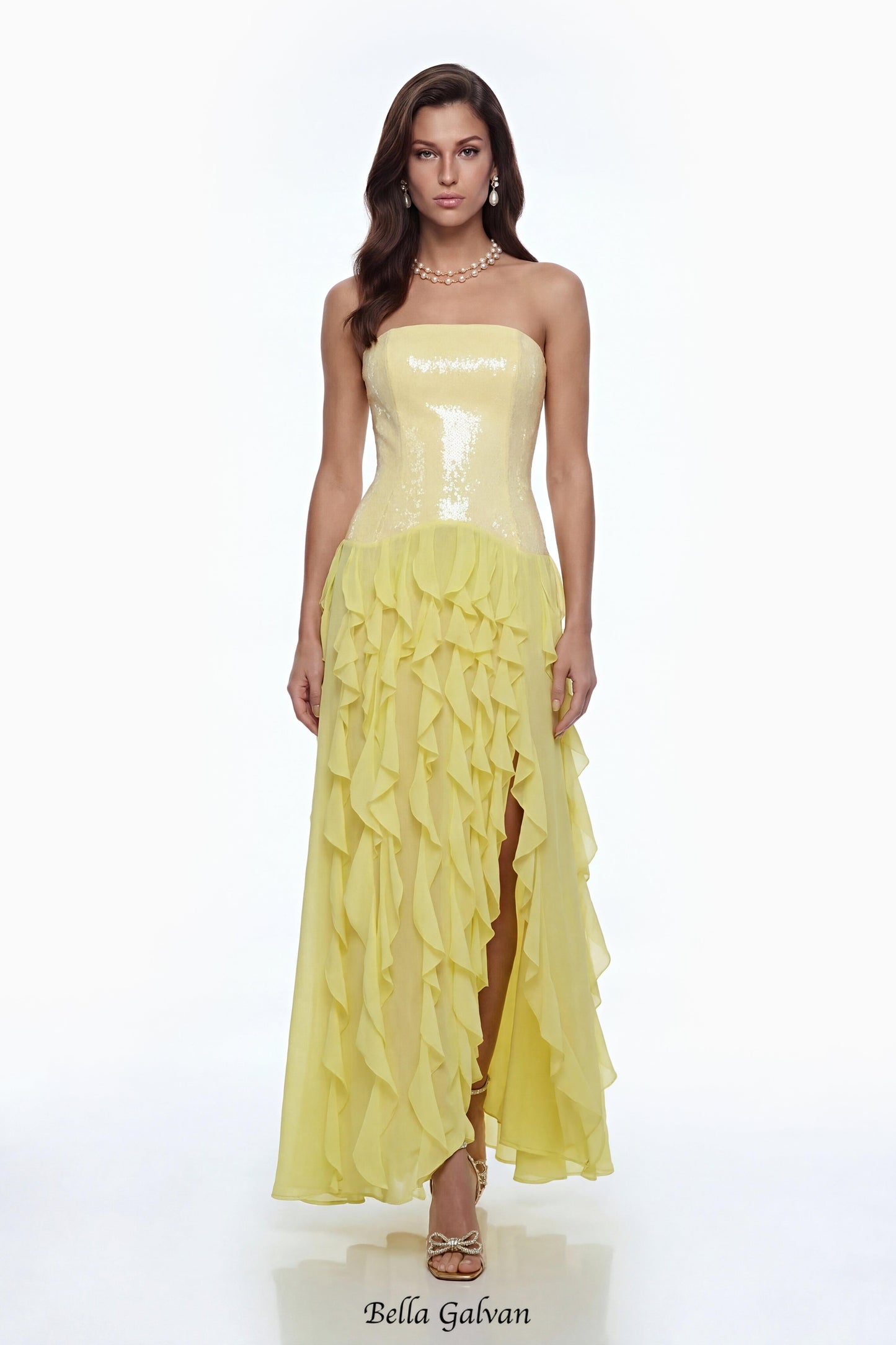 florence Off-Shoulder ruffle Slit Maxi Dress in Yellow