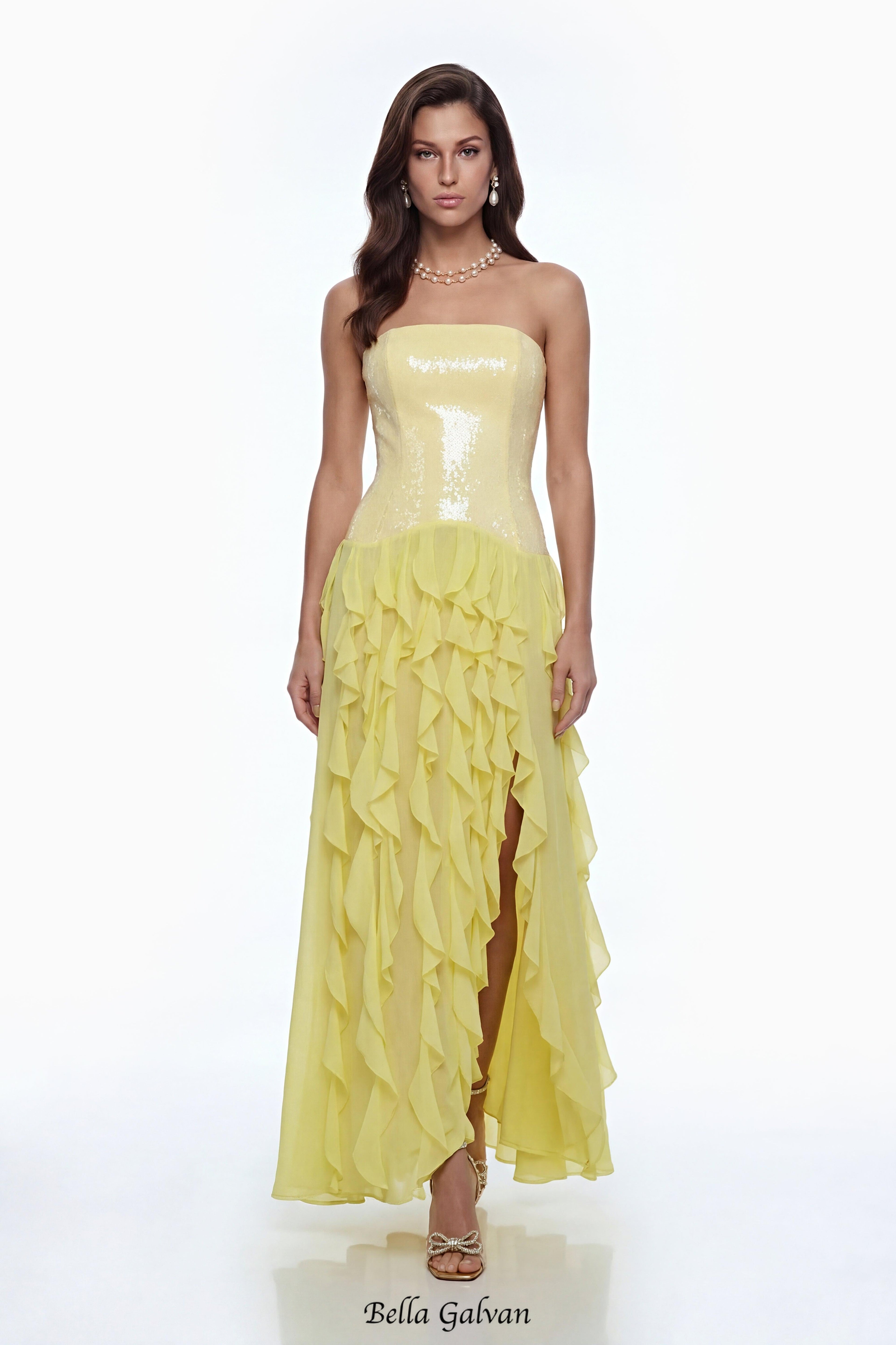 florence Off-Shoulder ruffle Slit Maxi Dress in Yellow