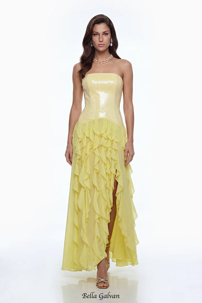 florence Off-Shoulder ruffle Slit Maxi Dress in Yellow