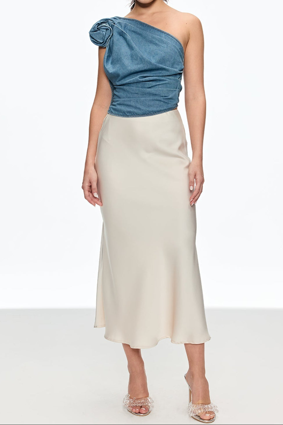 Florence One Shoulder Flower Top In Blue