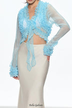 eudora Ruffle Plunge Lace Up Top in blue