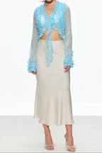 eudora Ruffle Plunge Lace Up Top in blue