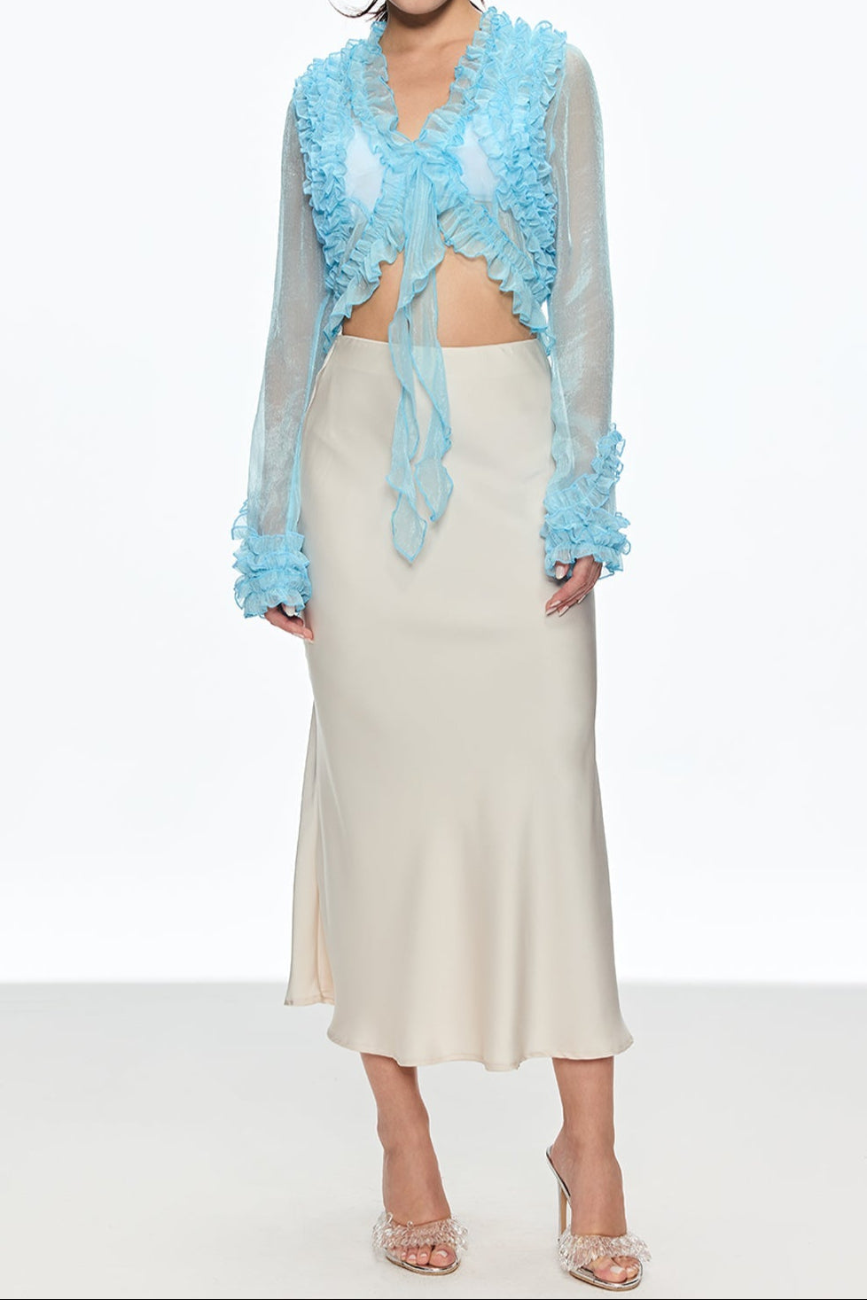 Eudora Ruffle Plunge Lace Up Top In Blue
