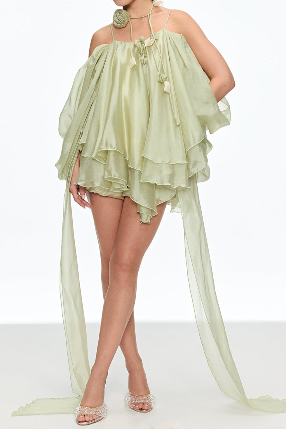 Alisa Ruffle Lace Up Fringe Mini Dress In Green