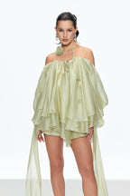alisa Ruffle Lace Up Fringe Mini Dress in green