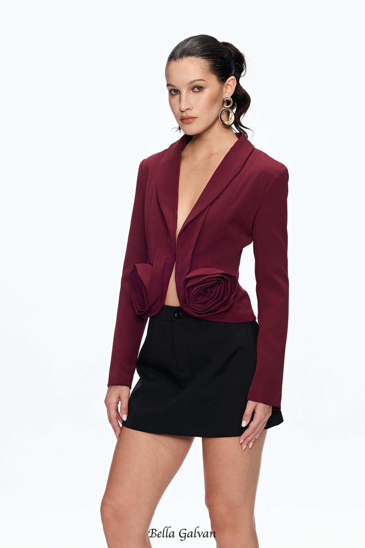 ashley Flower Plunge Blazer in burgundy