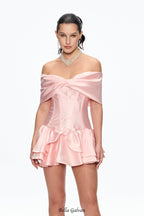 alisa Corset Bow Ruffle Satin Mini Dress