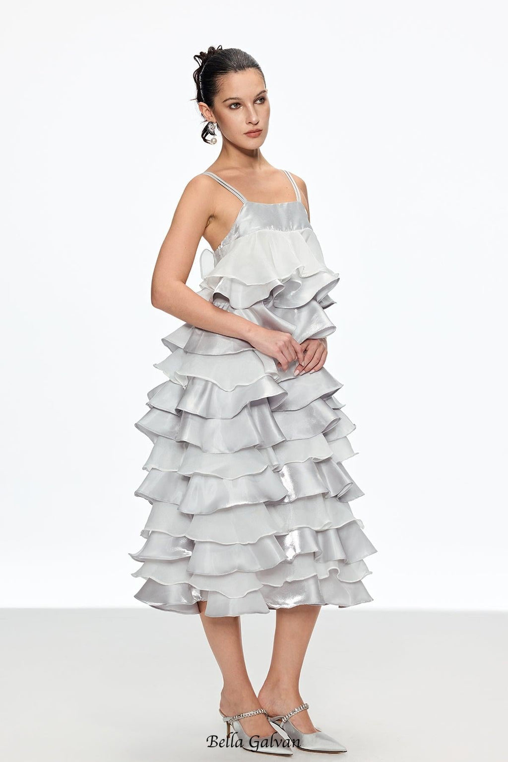griselda Ruffle Spaghetti Midi Dress in silver