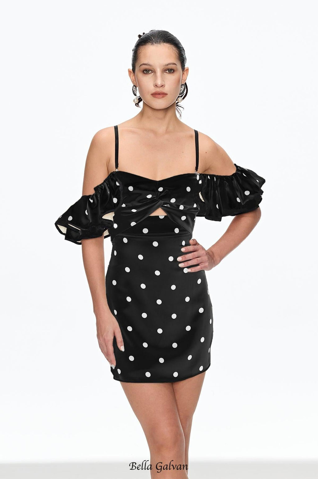 hermosa Dot Off Shoulder Mini Dress In Black