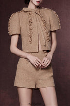 elva brown flower embellished tweed cardigan shorts set