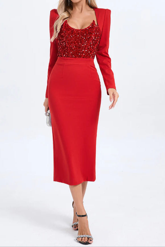 Flowering Girl Women Melissa Long Sleeve Patchwork Sequin Midi Dress In Red