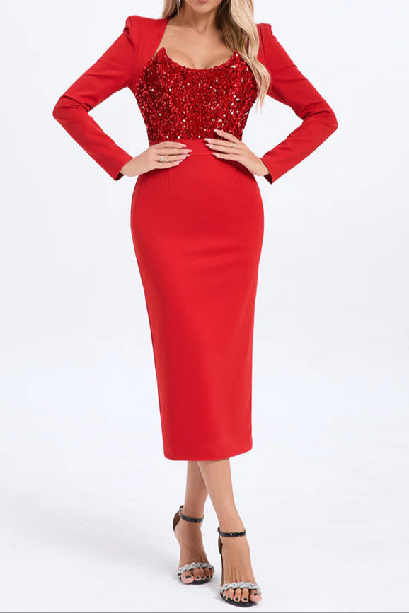 Flowering Girl Women Melissa Long Sleeve Patchwork Sequin Midi Dress In Red