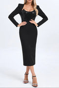 Flowering Girl Women Melissa Long Sleeve Patchwork Sequin Midi Dress In Black