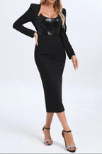 Flowering Girl Women Melissa Long Sleeve Patchwork Sequin Midi Dress In Black