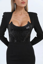 Flowering Girl Women Melissa Long Sleeve Patchwork Sequin Midi Dress In Black