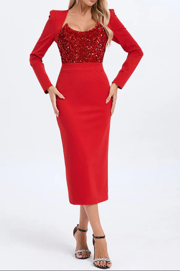 Flowering Girl Women Melissa Long Sleeve Patchwork Sequin Midi Dress In Red