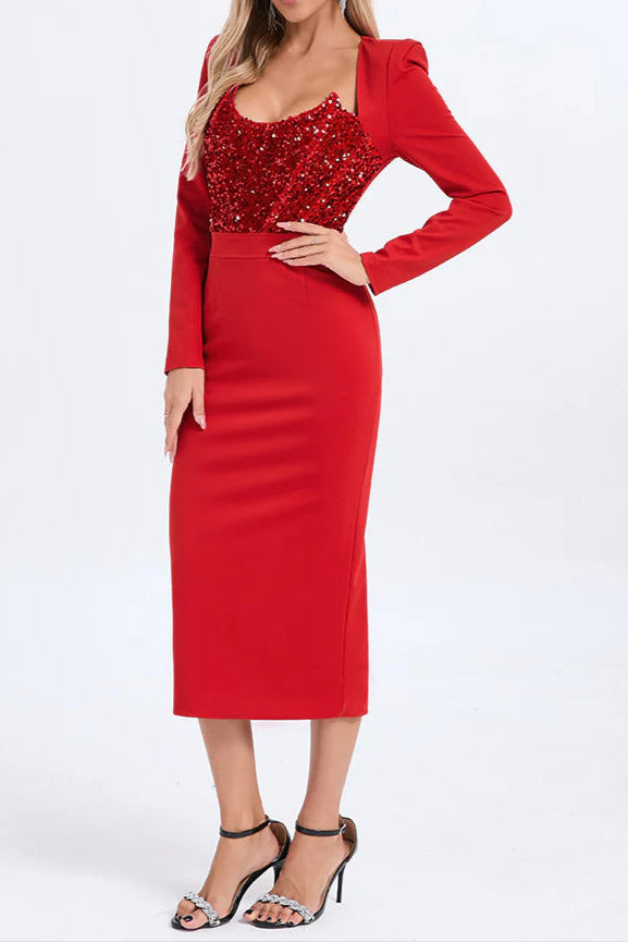 Flowering Girl Women Melissa Long Sleeve Patchwork Sequin Midi Dress In Red