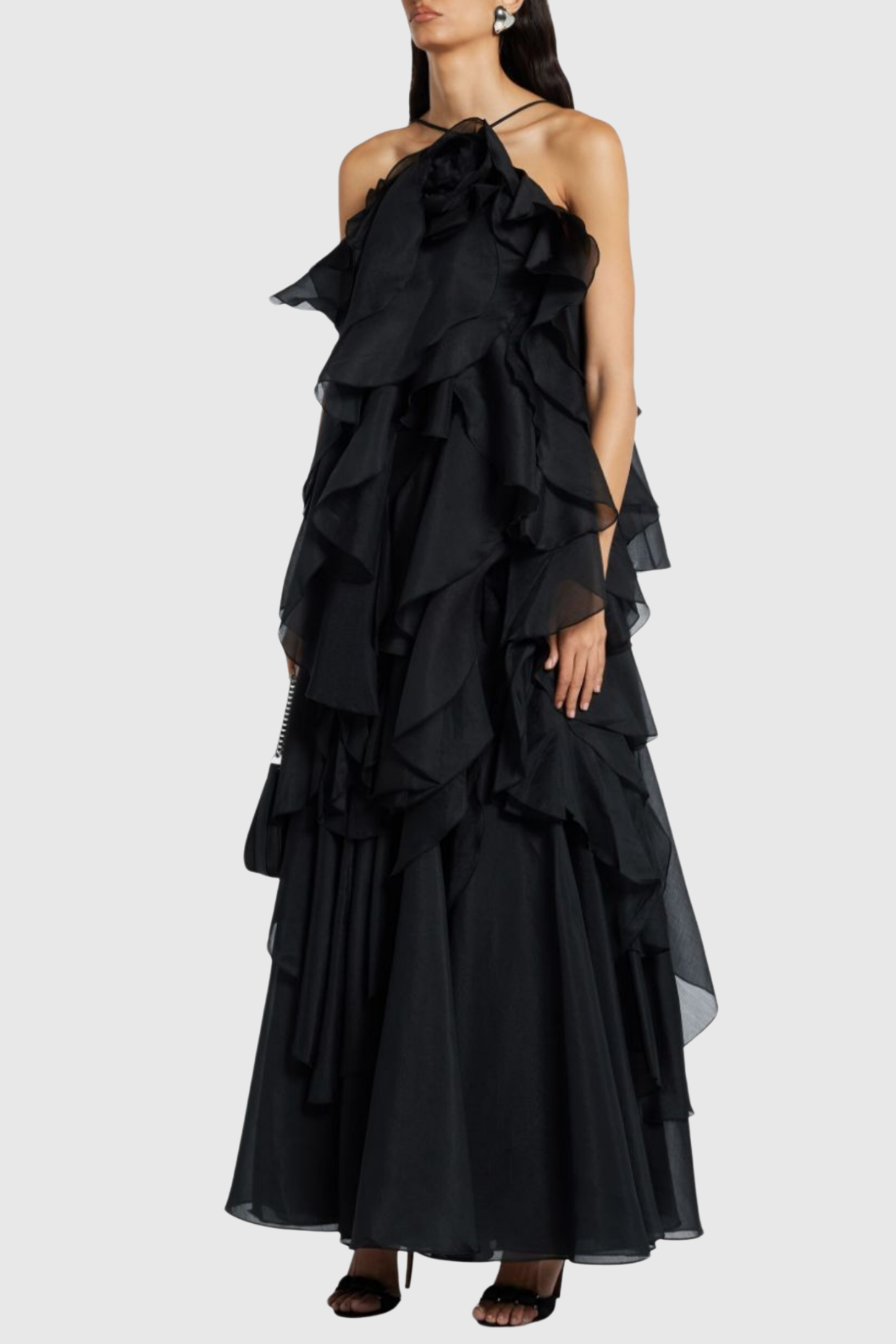 Flowering Girl Women Caysie Halter Floral Ruffle Layered Maxi Dress in Black