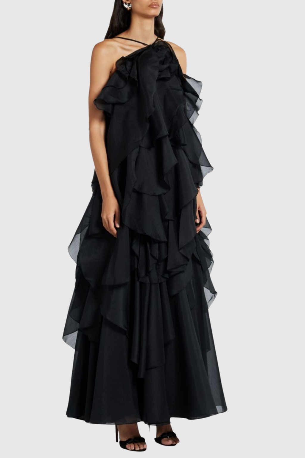 Flowering Girl Women Caysie Halter Floral Ruffle Layered Maxi Dress in Black