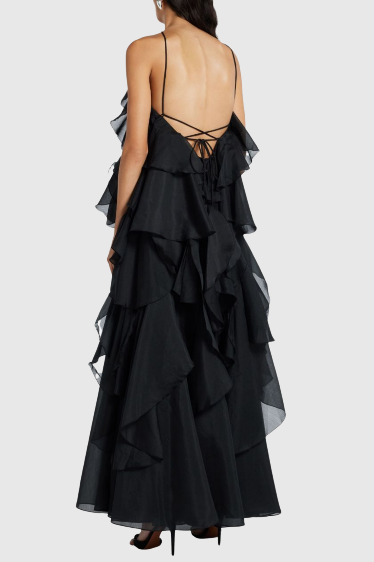 Flowering Girl Women Caysie Halter Floral Ruffle Layered Maxi Dress in Black