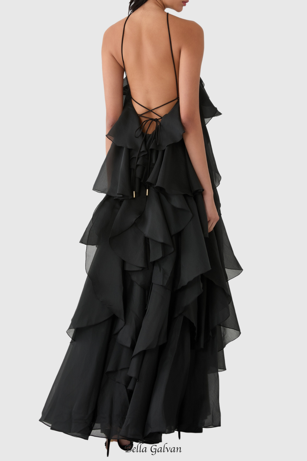 Flowering Girl Women Caysie Halter Floral Ruffle Layered Maxi Dress in Black