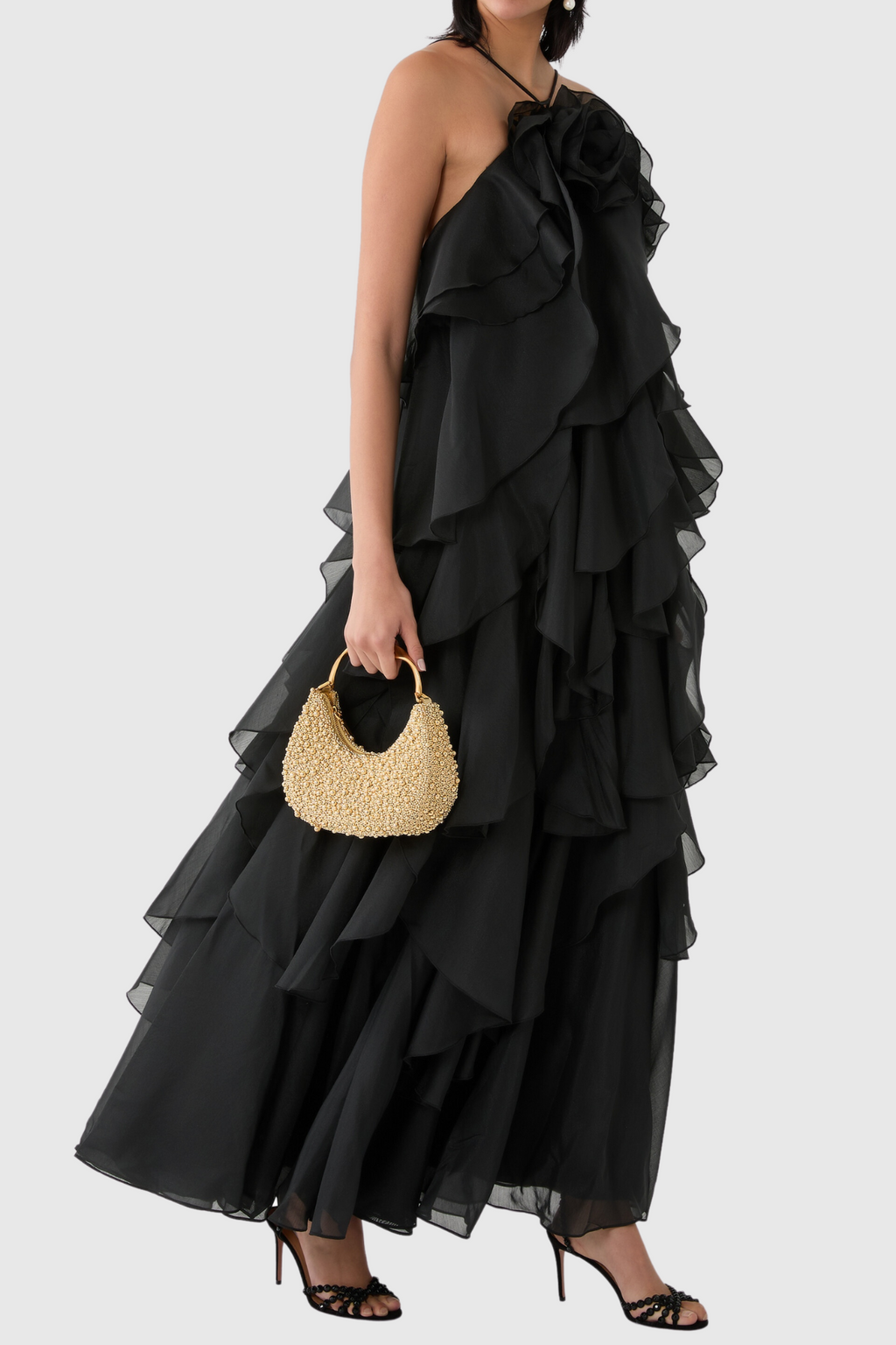 Flowering Girl Women Caysie Halter Floral Ruffle Layered Maxi Dress in Black