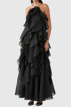 Flowering Girl Women Caysie Halter Floral Ruffle Layered Maxi Dress in Black