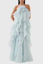 Flowering Girl Women Caysie Halter Floral Ruffle Layered Maxi Dress in Blue