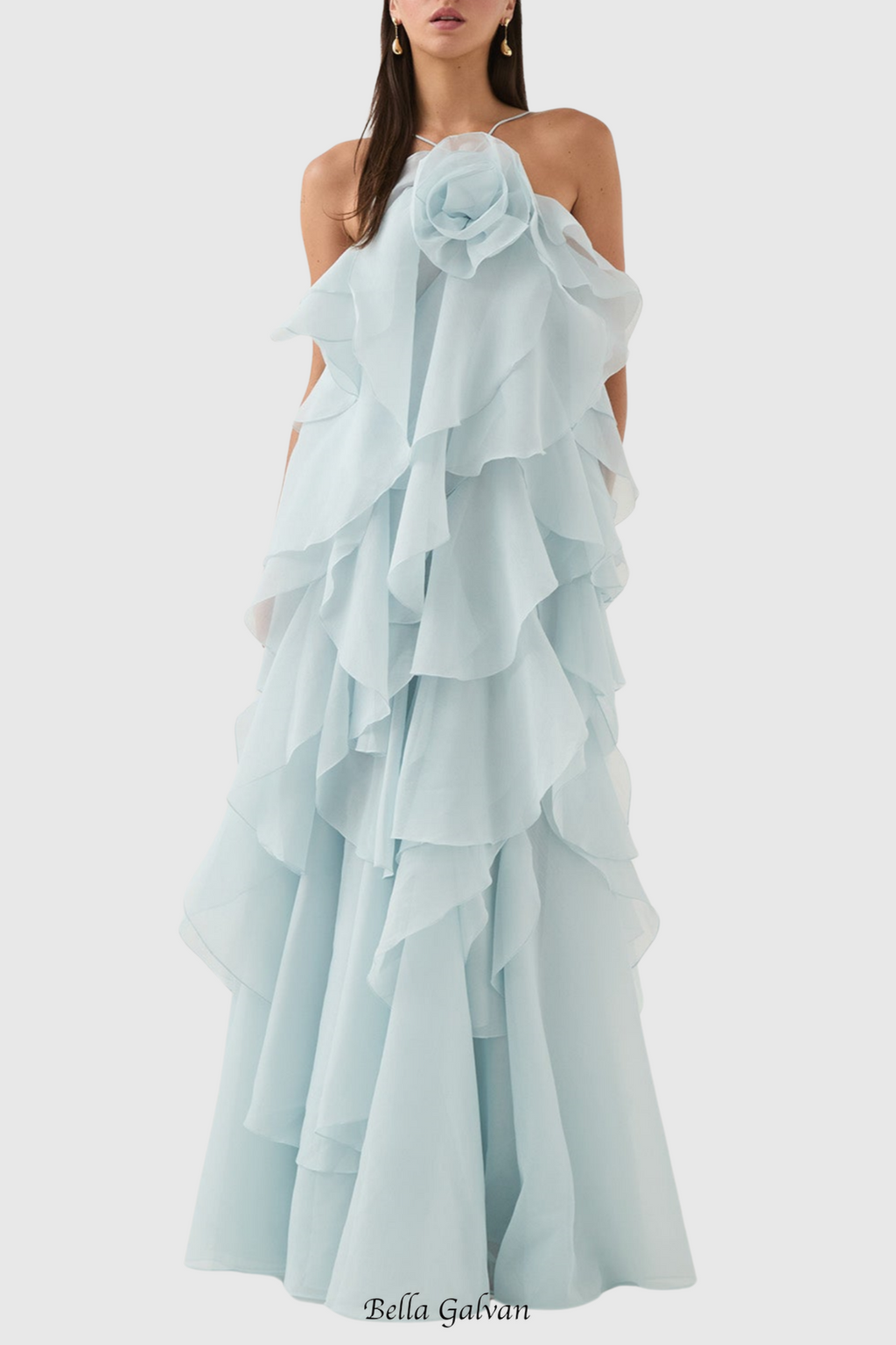 Flowering Girl Women Caysie Halter Floral Ruffle Layered Maxi Dress in Blue