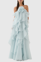 Flowering Girl Women Caysie Halter Floral Ruffle Layered Maxi Dress in Blue
