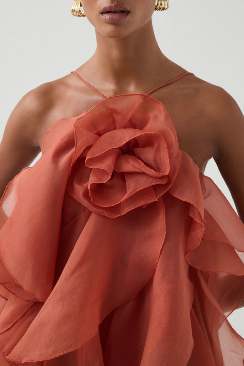 Flowering Girl Women Caysie Halter Floral Ruffle Layered Maxi Dress in Orange
