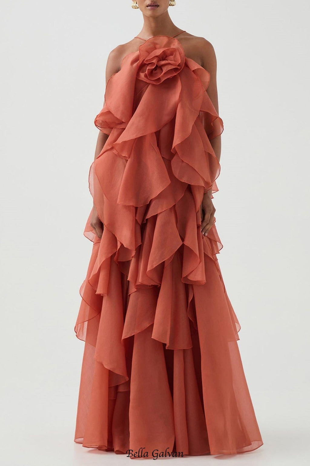 Flowering Girl Women Caysie Halter Floral Ruffle Layered Maxi Dress in Orange