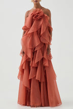 Flowering Girl Women Caysie Halter Floral Ruffle Layered Maxi Dress in Orange