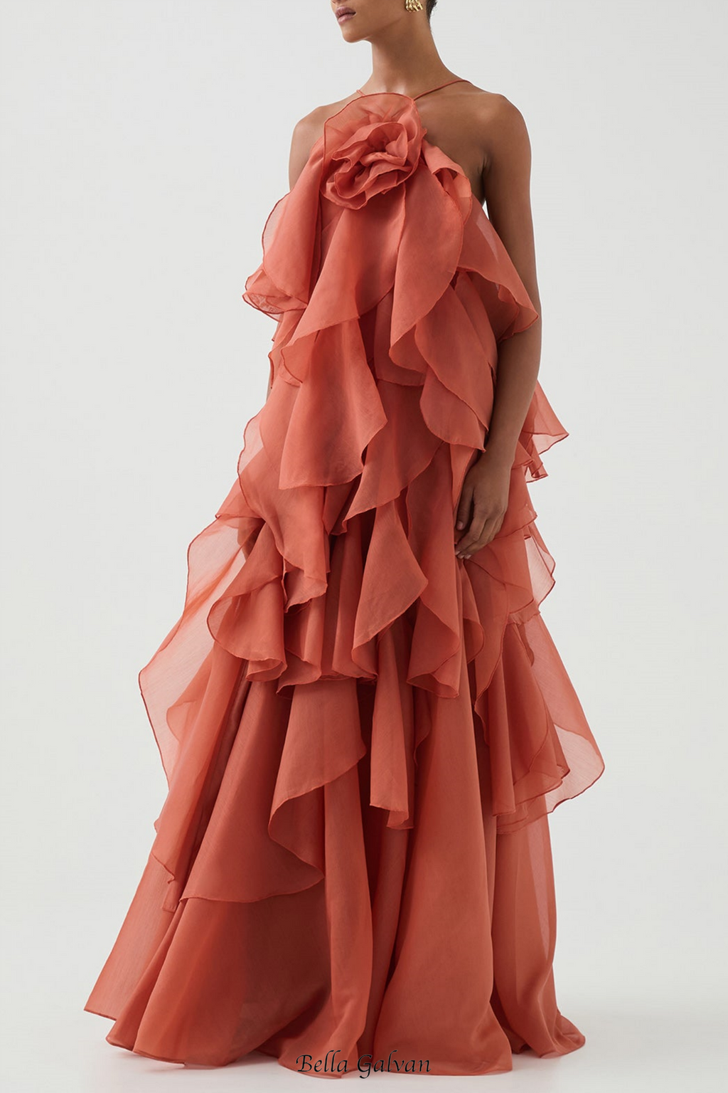 Flowering Girl Women Caysie Halter Floral Ruffle Layered Maxi Dress in Orange
