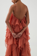 Flowering Girl Women Caysie Halter Floral Ruffle Layered Maxi Dress in Orange